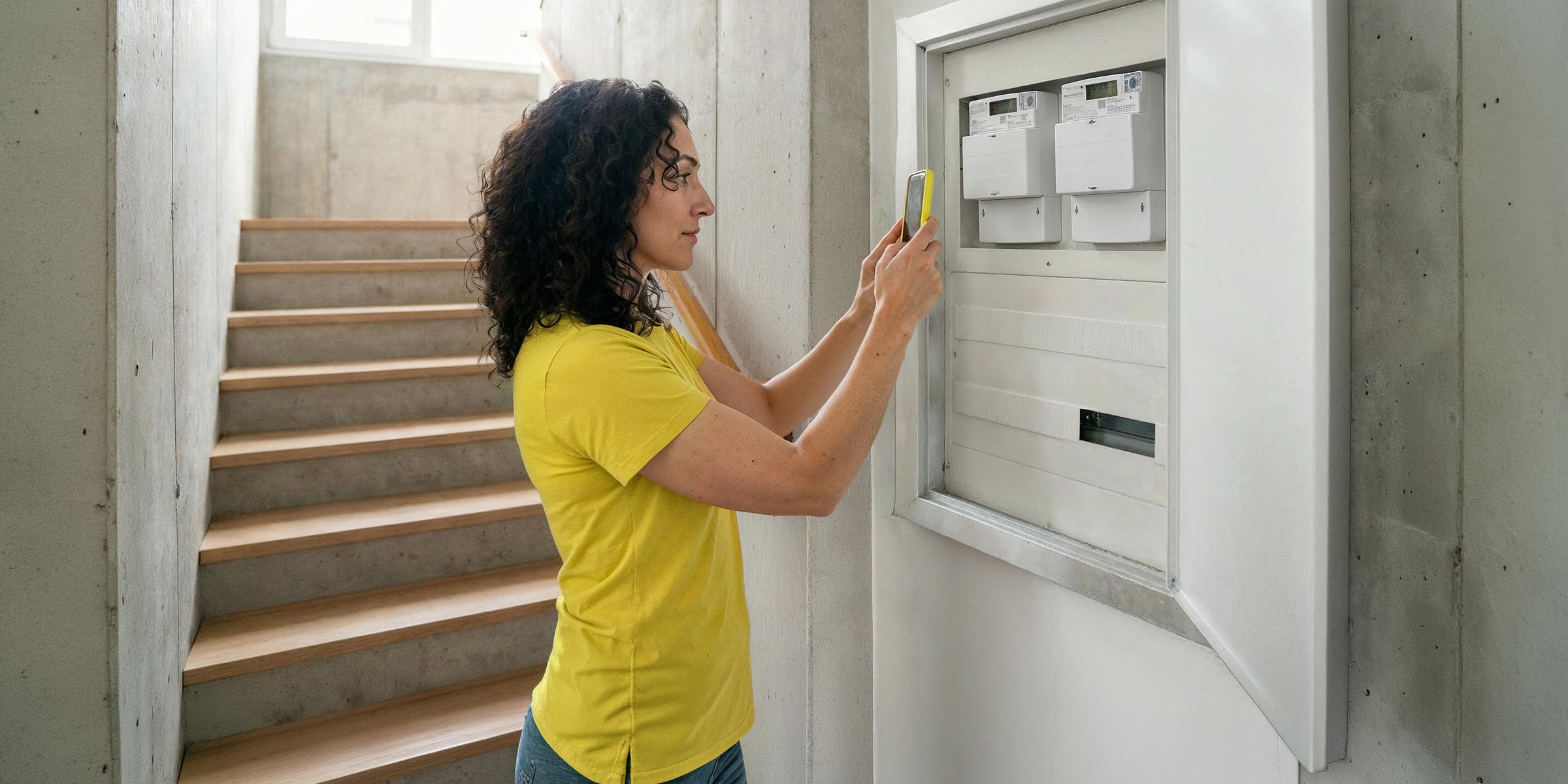 Stromzähler ablesen: So funktioniert's einfach immer Frau mit braunen Locken und gelbem Shirt steht vor Zählerkasten und fotografiert Zählerstand mit gelbem Handy und der Yello App.