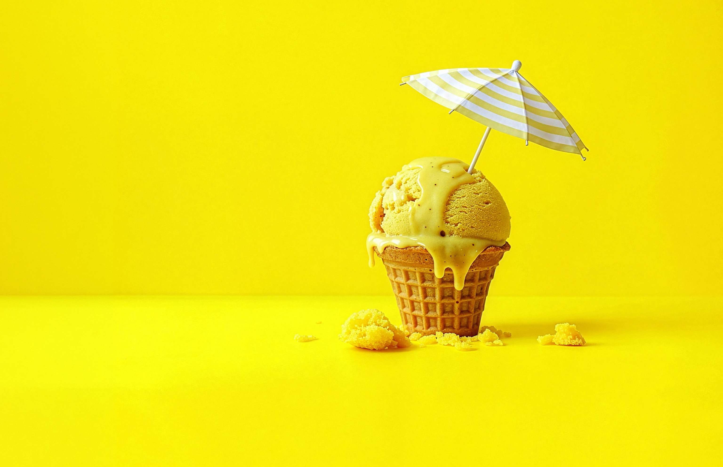 Eine Eiskugel in der Waffel mit Sonnenschirm vor gelbem Hintergrund - KI-generiert Eine Eiskugel in der Waffel mit Sonnenschirm vor gelbem Hintergrund - KI-generiert