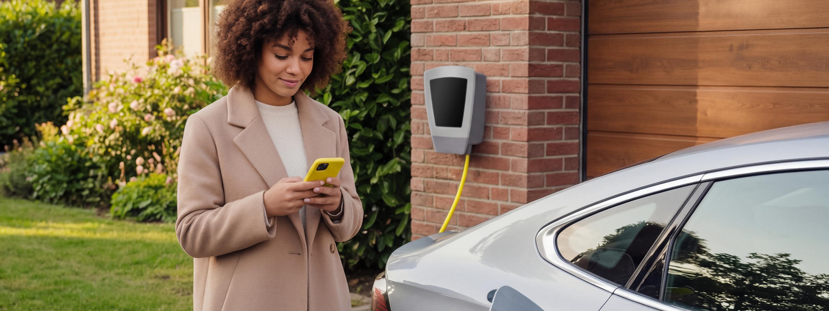 Wallbox für dein Zuhause kaufen - das gibt's zu beachten Frau mit gelbem Handy in der Hand lädt ihr E-Auto über eine Wallbox Zuhause an der Garage