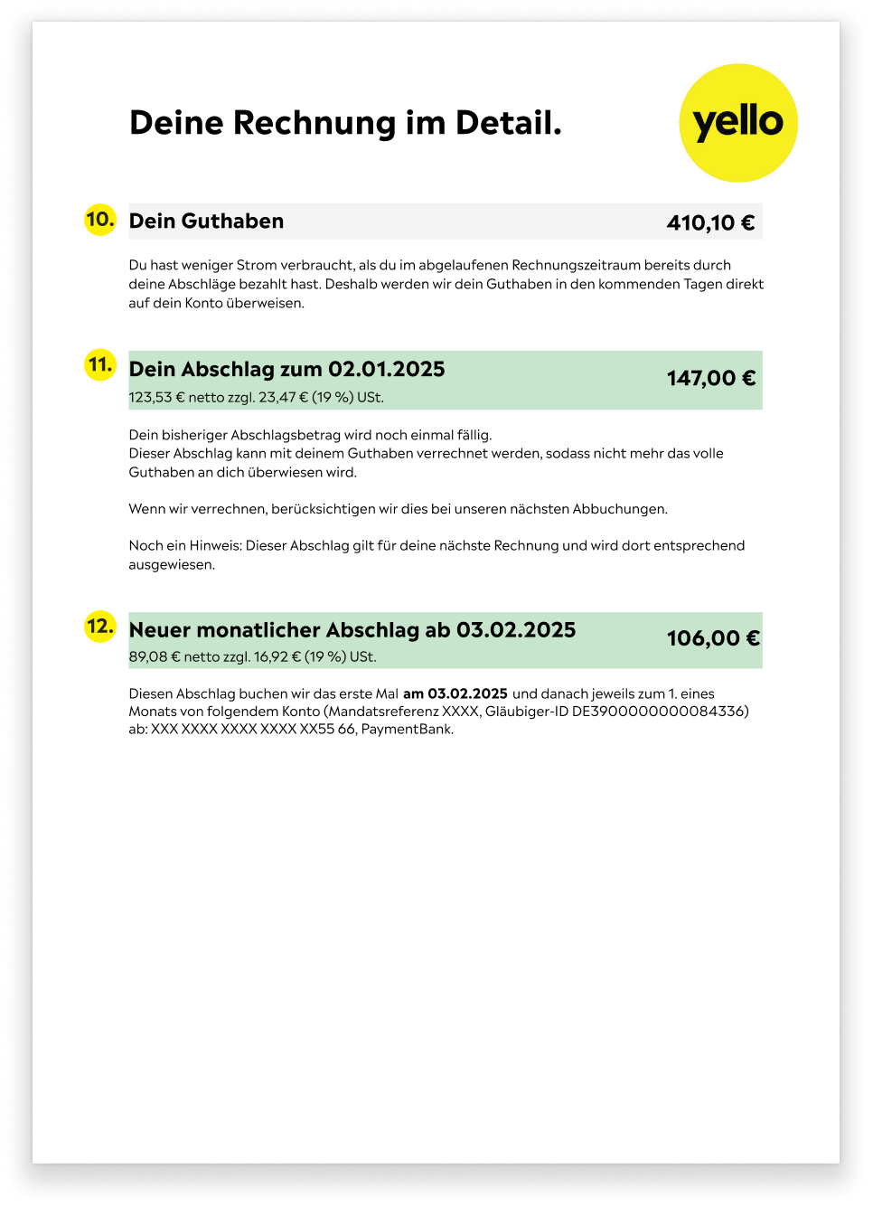 Vierte Seite der Yello Rechnung