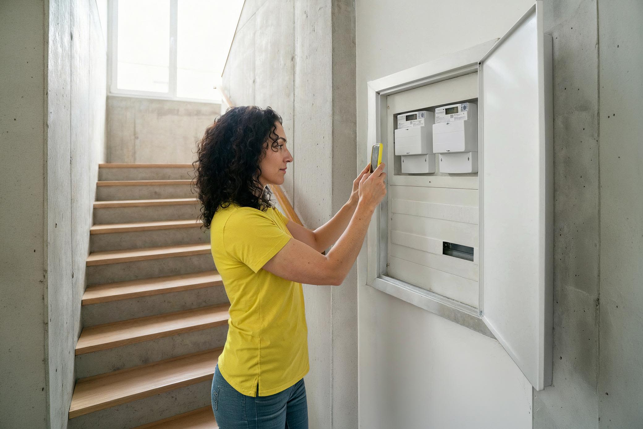 Clever: Mit Yello App easy Zählerstand erfasst mit einem Foto Frau mit gelbem Shirt fotografiert Zählerstand mit Handy und Yello App am Zählerkasten im Keller.