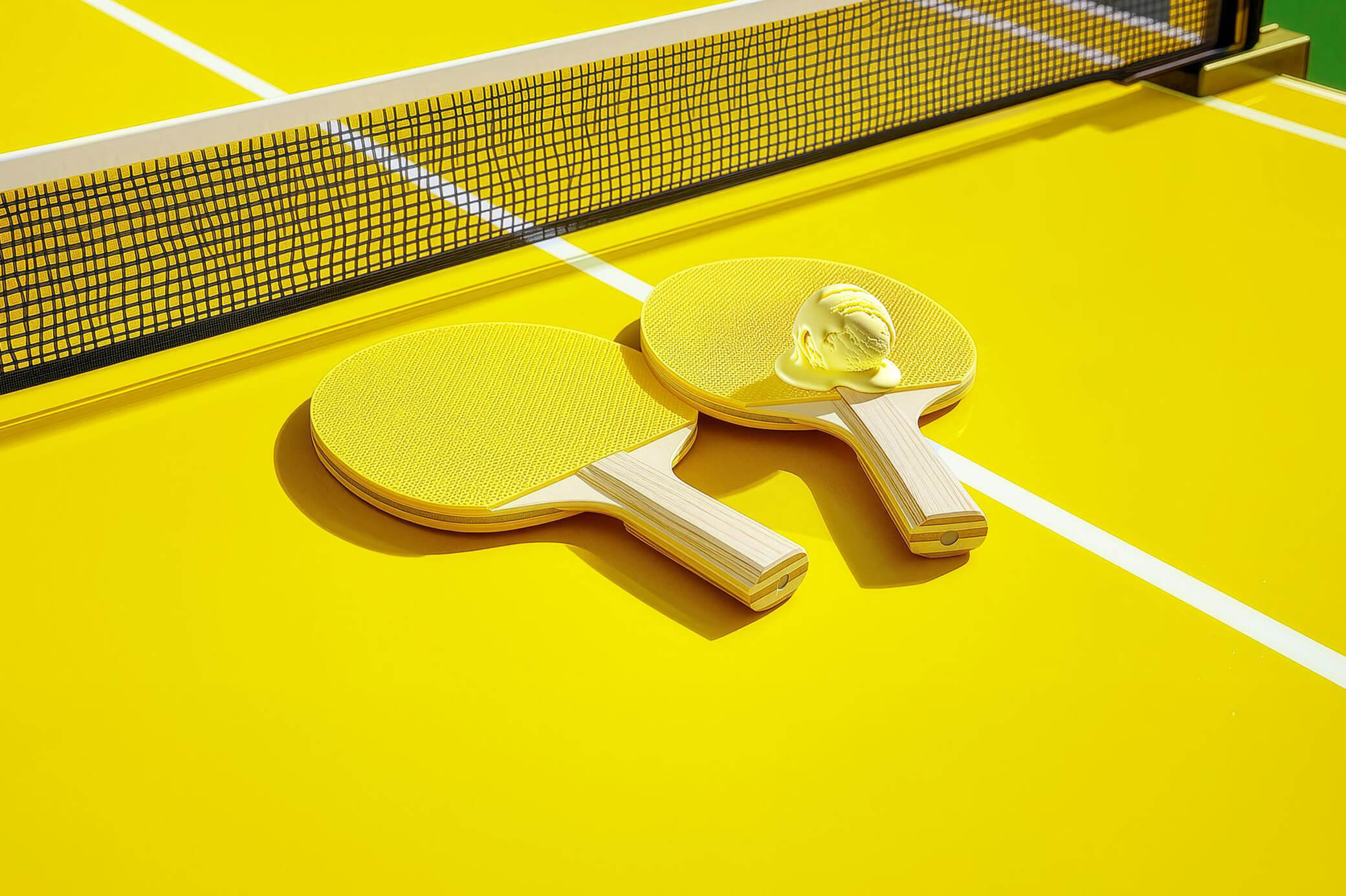 Zwei Tischtennisschläger liegen auf gelber Tischtennisplatte mit einer Eiskugel die an einen Tennisball erinnert - KI generiert