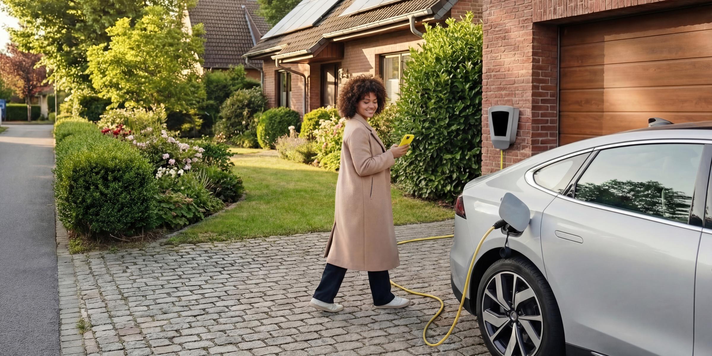 Frau mit beigem Mantel und gelbem Handy in der Hand wartet auf das Laden des E-Autos mit Wallbox vor ihrem Zuhause