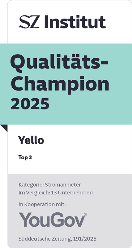 Testsiegel Top 2 von SZ als Qualitäts-Champion für Yello.