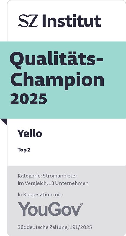 Yello ist SZ Qualitäts-Champion bei den Stromversorgern 2025 Testsiegel Top 2 von SZ als Qualitäts-Champion für Yello.
