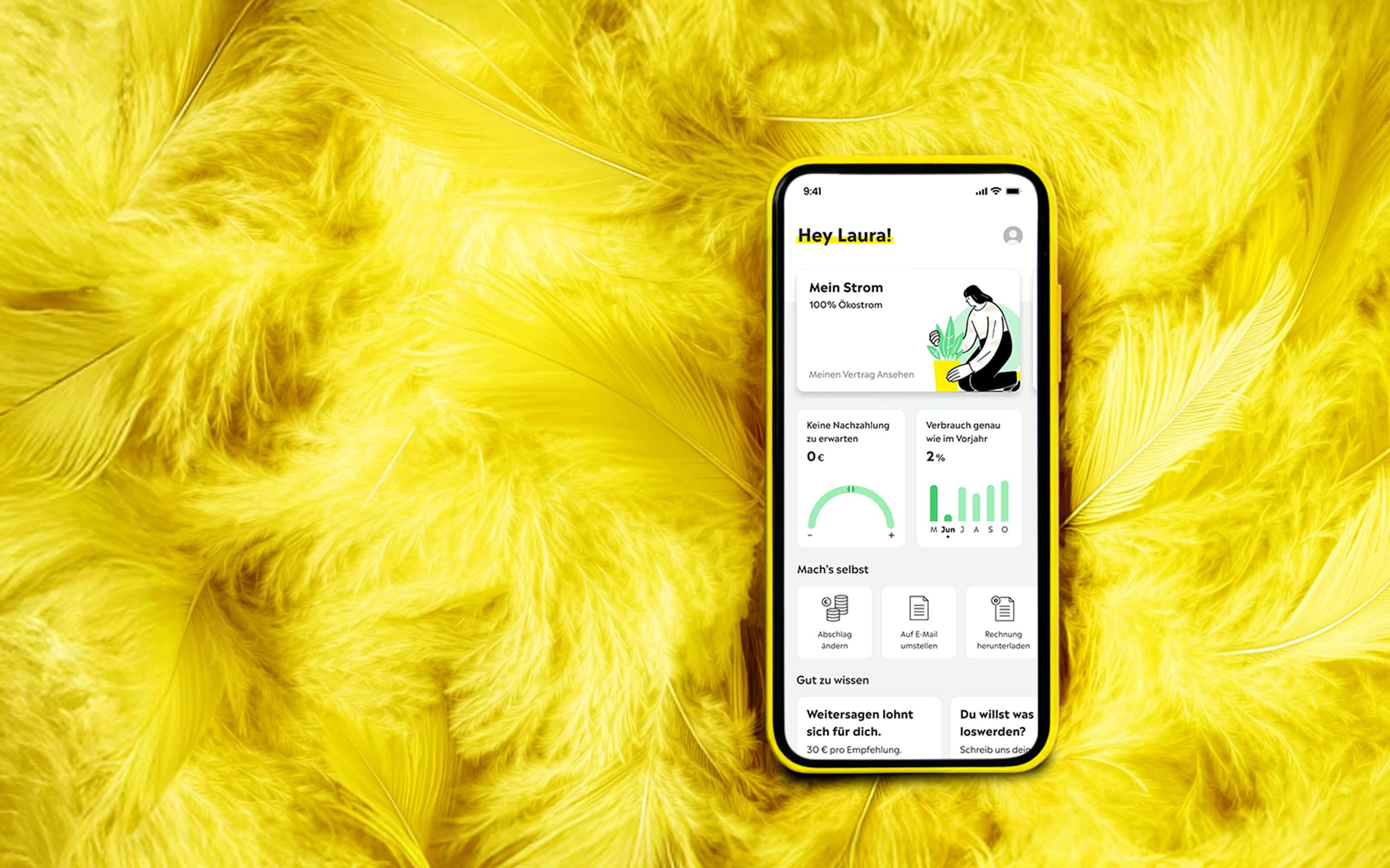 Handy, das die Yello App mit dem Yello Mein Strom Tarif zeigt auf gelben Federn - KI generiert Handy, das die Yello App mit dem Yello Mein Strom Tarif zeigt auf gelben Federn - KI generiert