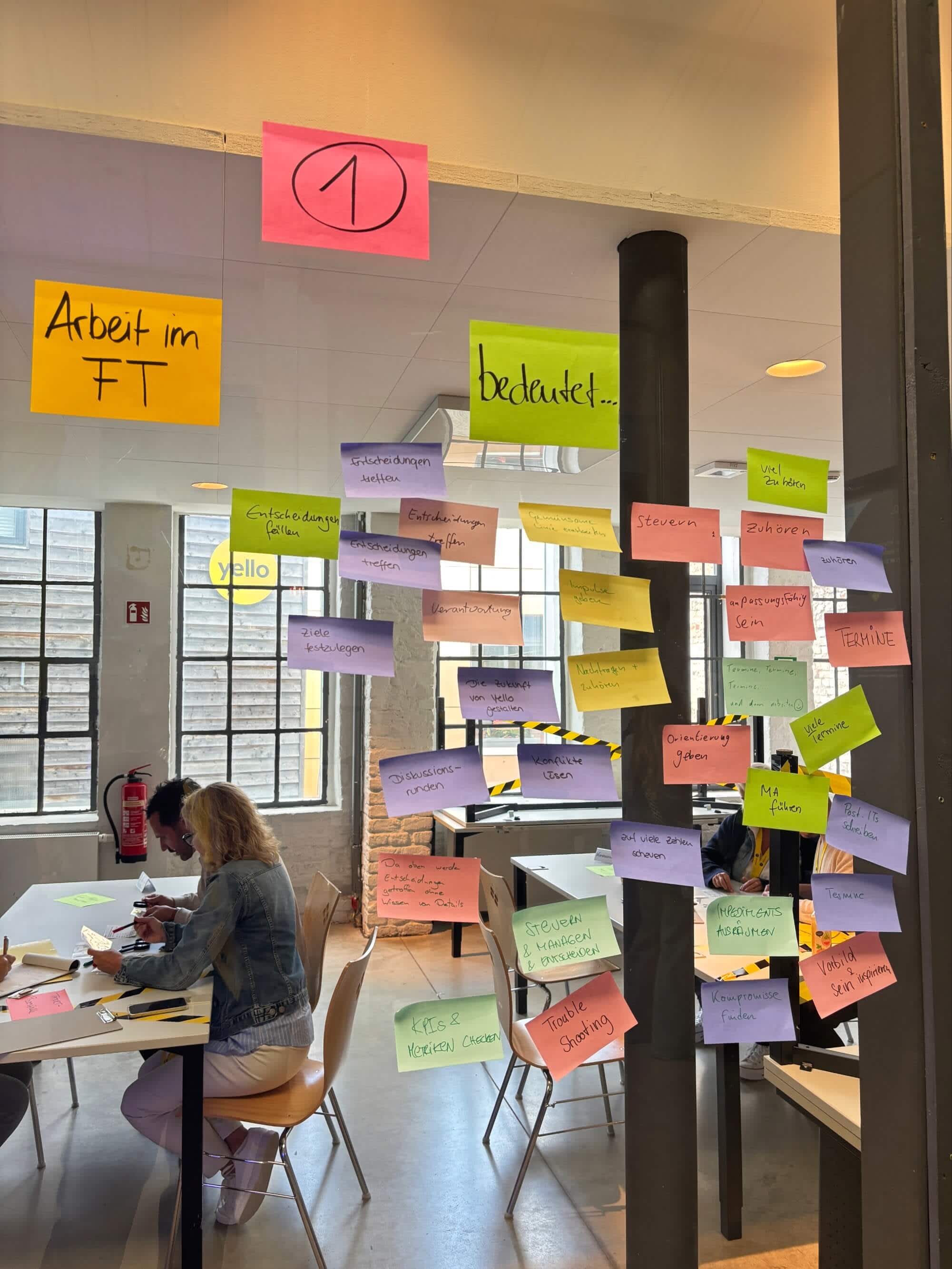 Foto von beschriebenen Post-its auf einer Glasscheibe.