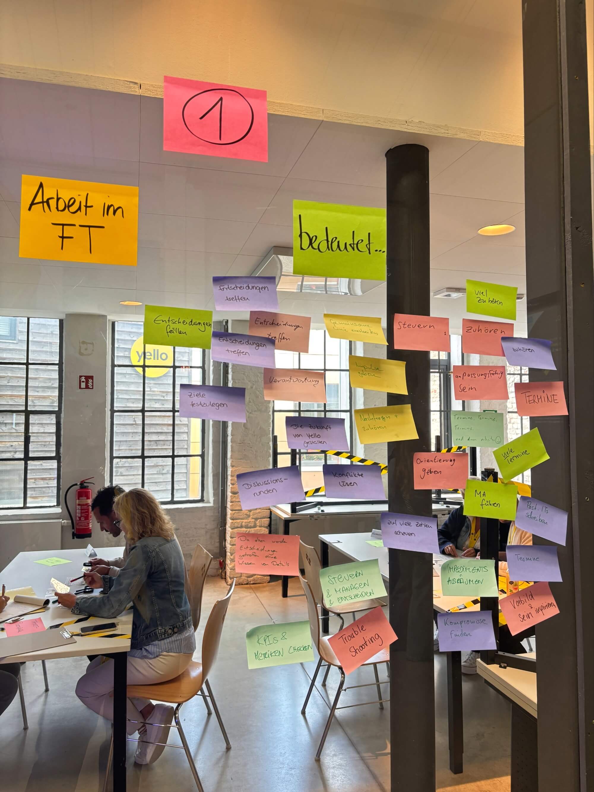 Ein Foto von bunten, beschriebenen Post-its an einer Glaswand