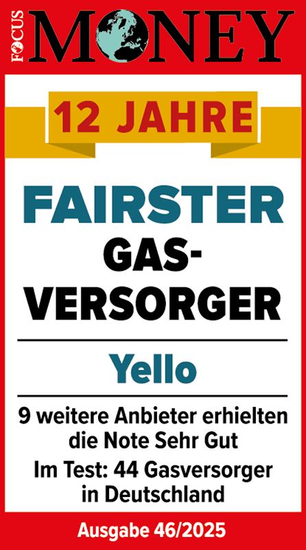 Im Focus Money Test ausgezeichnet als fairster Gasversorger 2025. Testsiegel Focus Money für Yello als 12 Jahre fairster Gasversorger 2025