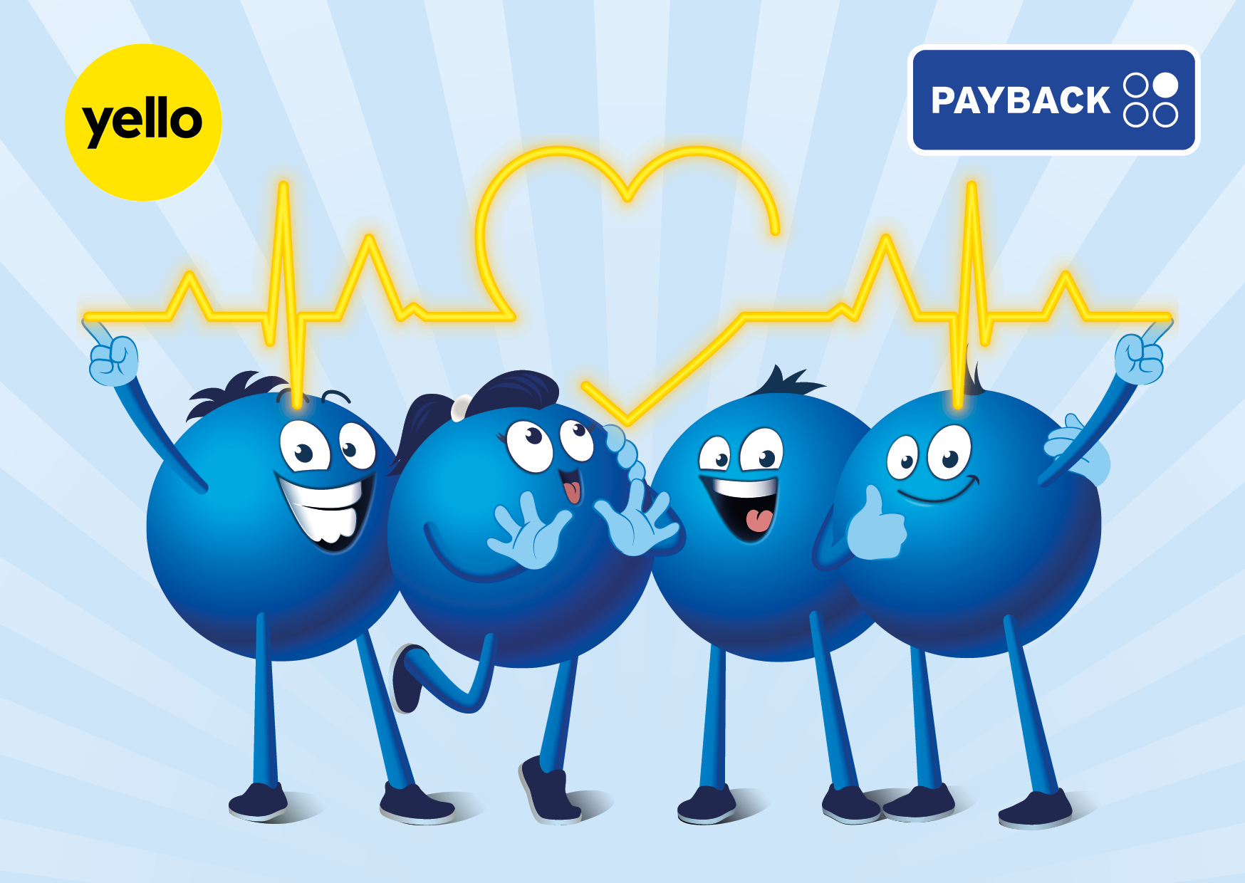 Vier Payback Pointee (Comicfiguren) bilden ein Herz mit Herzschlaglinie. Links: Yello-Logo, rechts: PAYBACK-Logo.