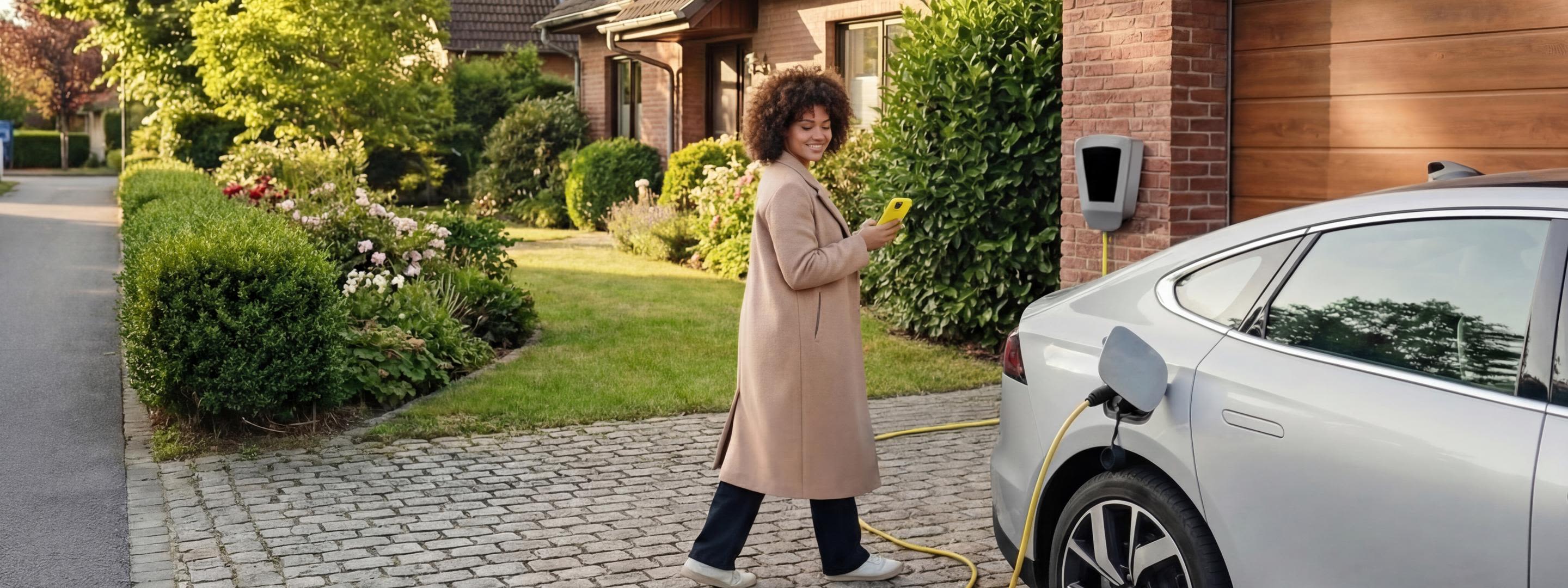 E-Auto zuhause laden - so einfach geht es mit Wallbox Frau mit Trinkflasche wartet auf das Laden des E-Autos mit Wallbox