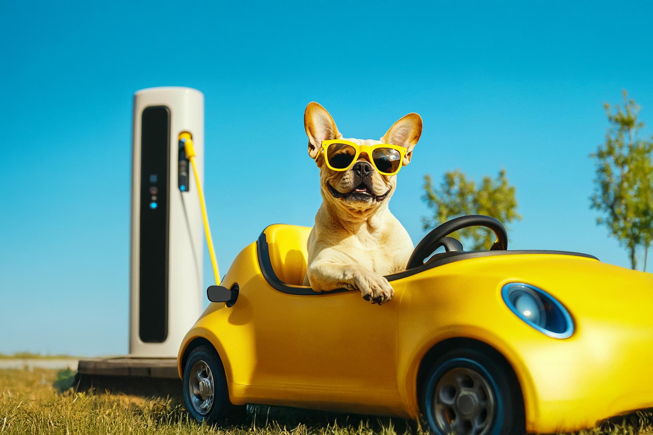 Mit Autostrom von Yello lädst du unterwegs ganz entspannt im EnBW Ladenetz KI-generiertes Foto von einem French Bully Hund im Elektroauto an einer Ladesäule im Grünen