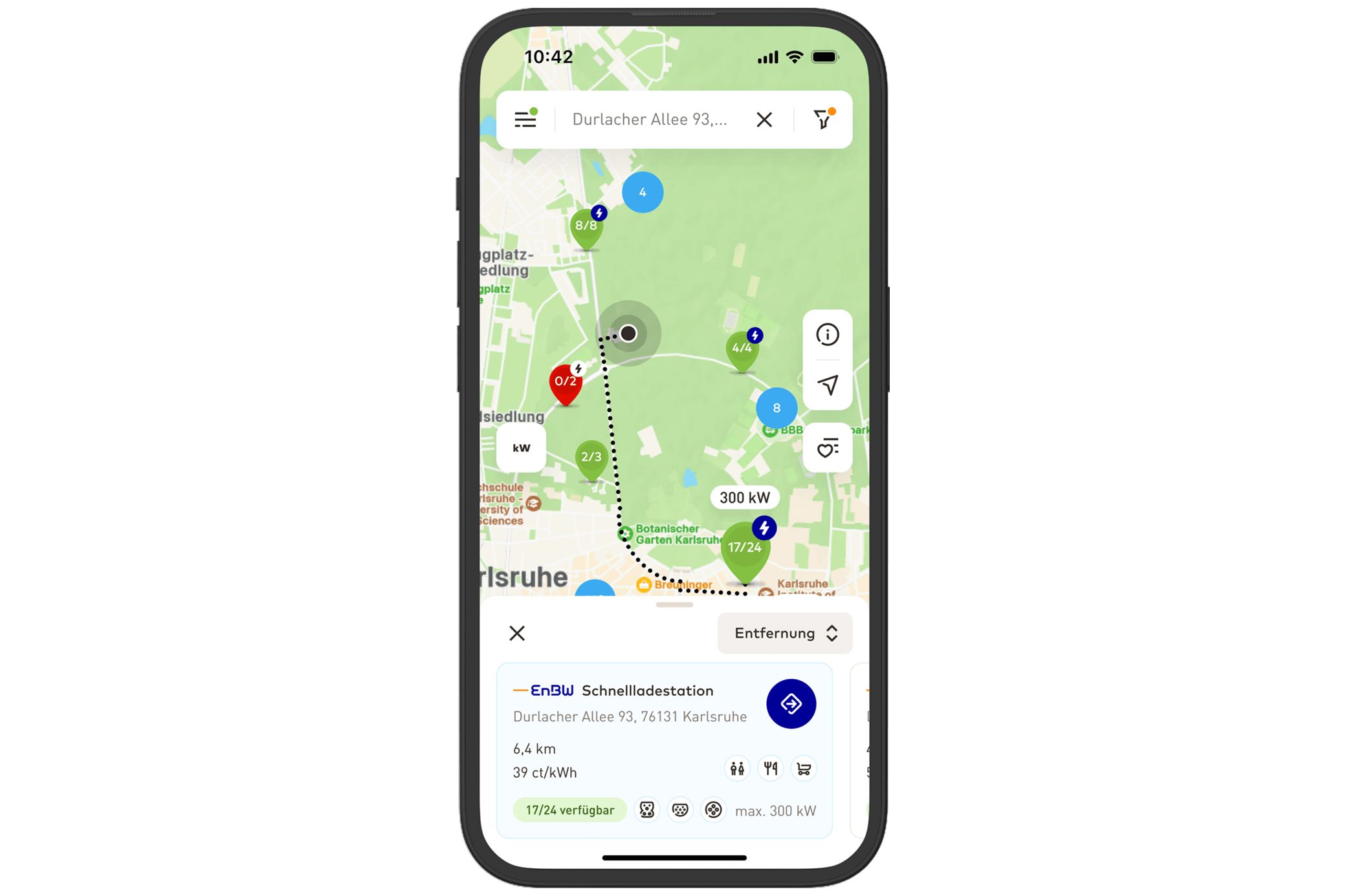 Mit der mobility+ App findest du sofort deine Ladestation Bild von der mobility+ App auf dem Smartphone der EnBW
