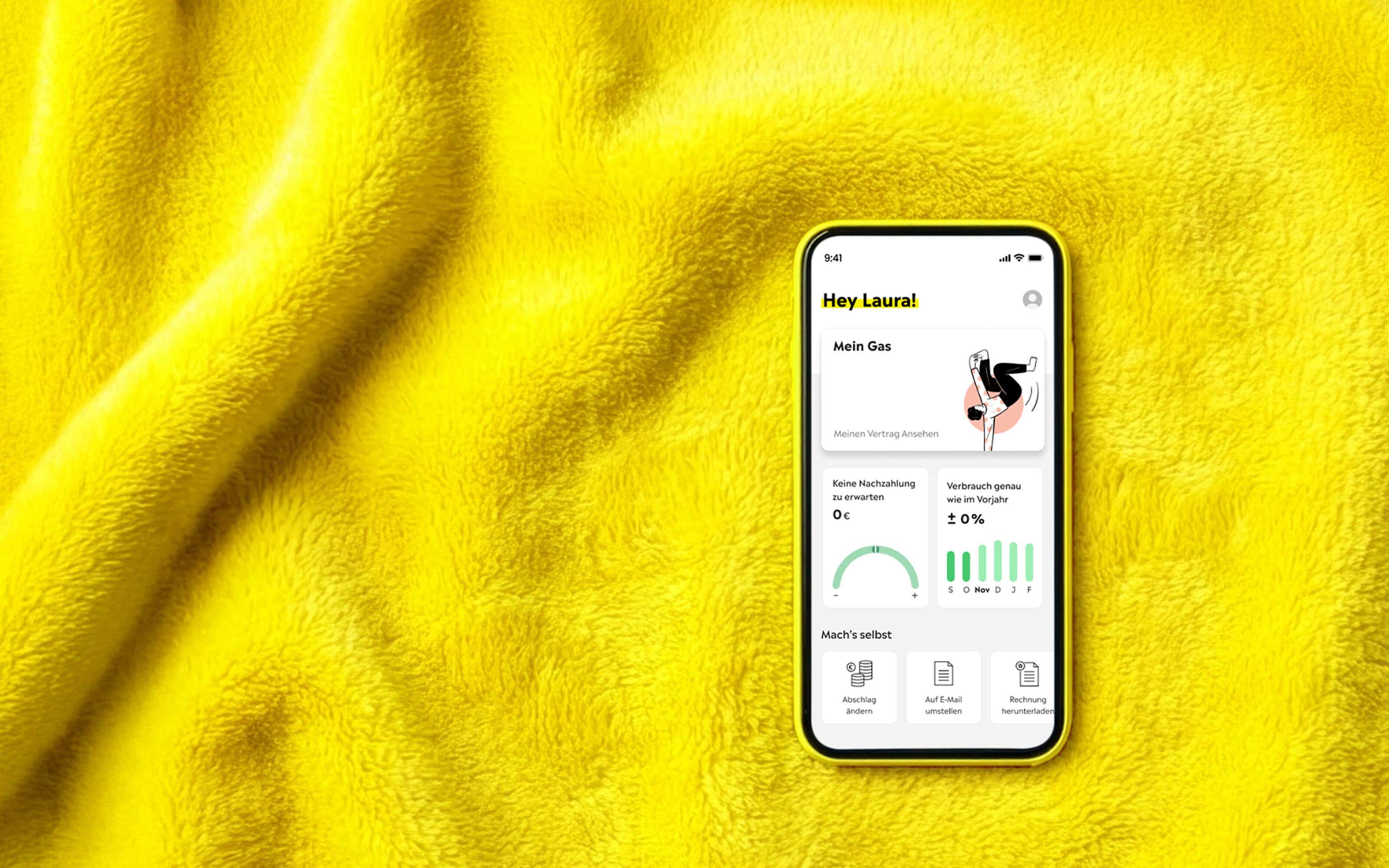 Ein Smartphone auf warmer, gelber Decke zeigt Bildschirm für Gastarif in der Yello App - KI generiert Ein Smartphone auf warmer, gelber Decke zeigt Bildschirm für Gastarif in der Yello App - KI generiert