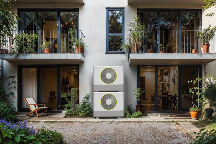 Mit einer Wärmepumpe heizt du dein Zuhause grüner Zwei Wärmepumpen in einem grünen Hinterhof vor Haus mit Terrasse und Balkon