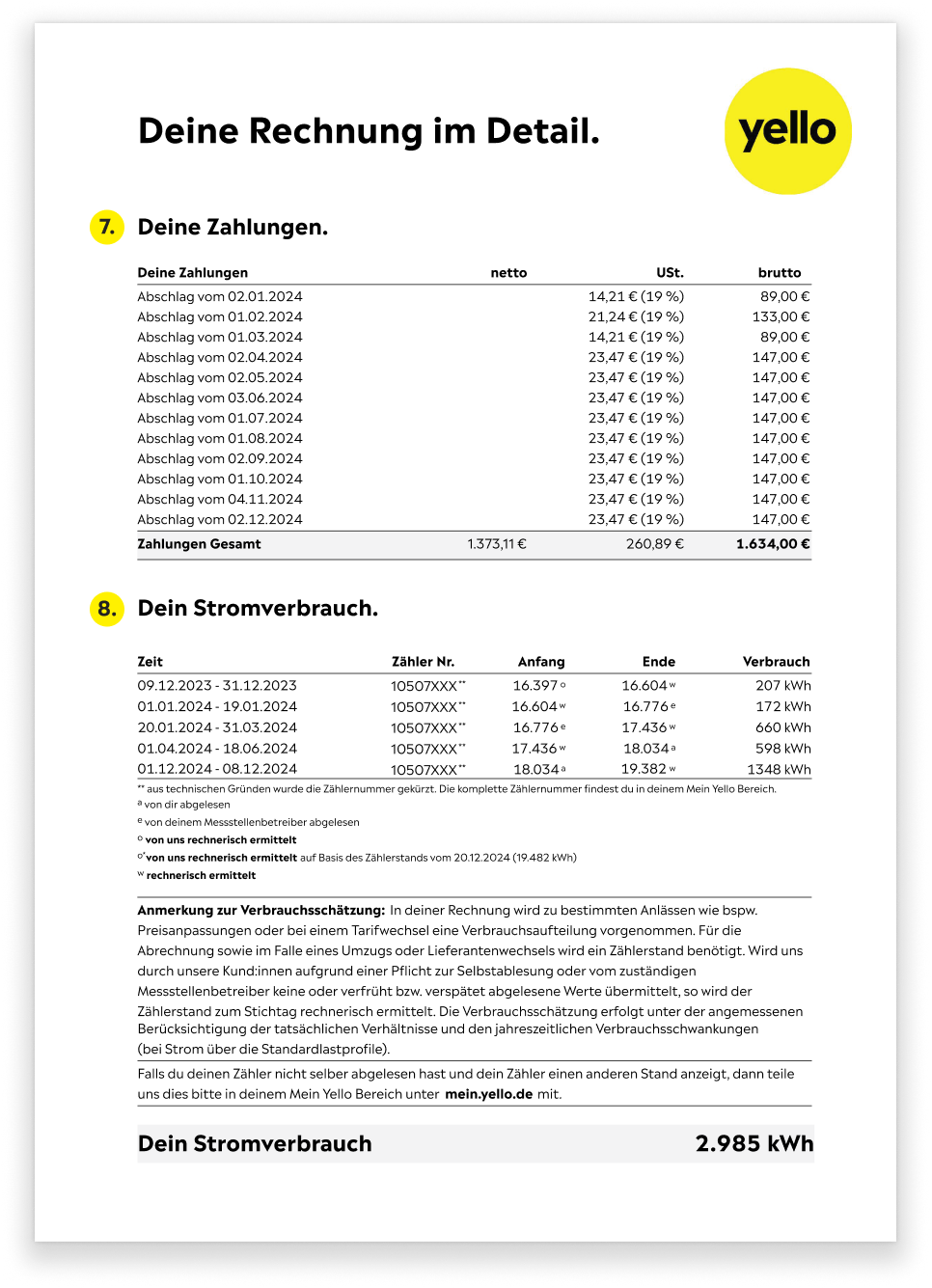Zweite Seite der Yello Rechnung