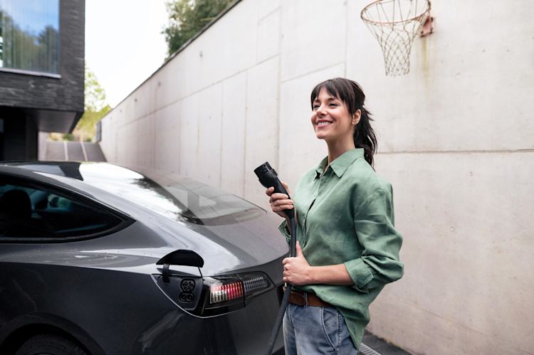 E-Auto zuhause günstig laden mit dem passenden Stromtarif Frau lädt ihr E-Auto zuhause mit Basketballkorb im Hintergrund