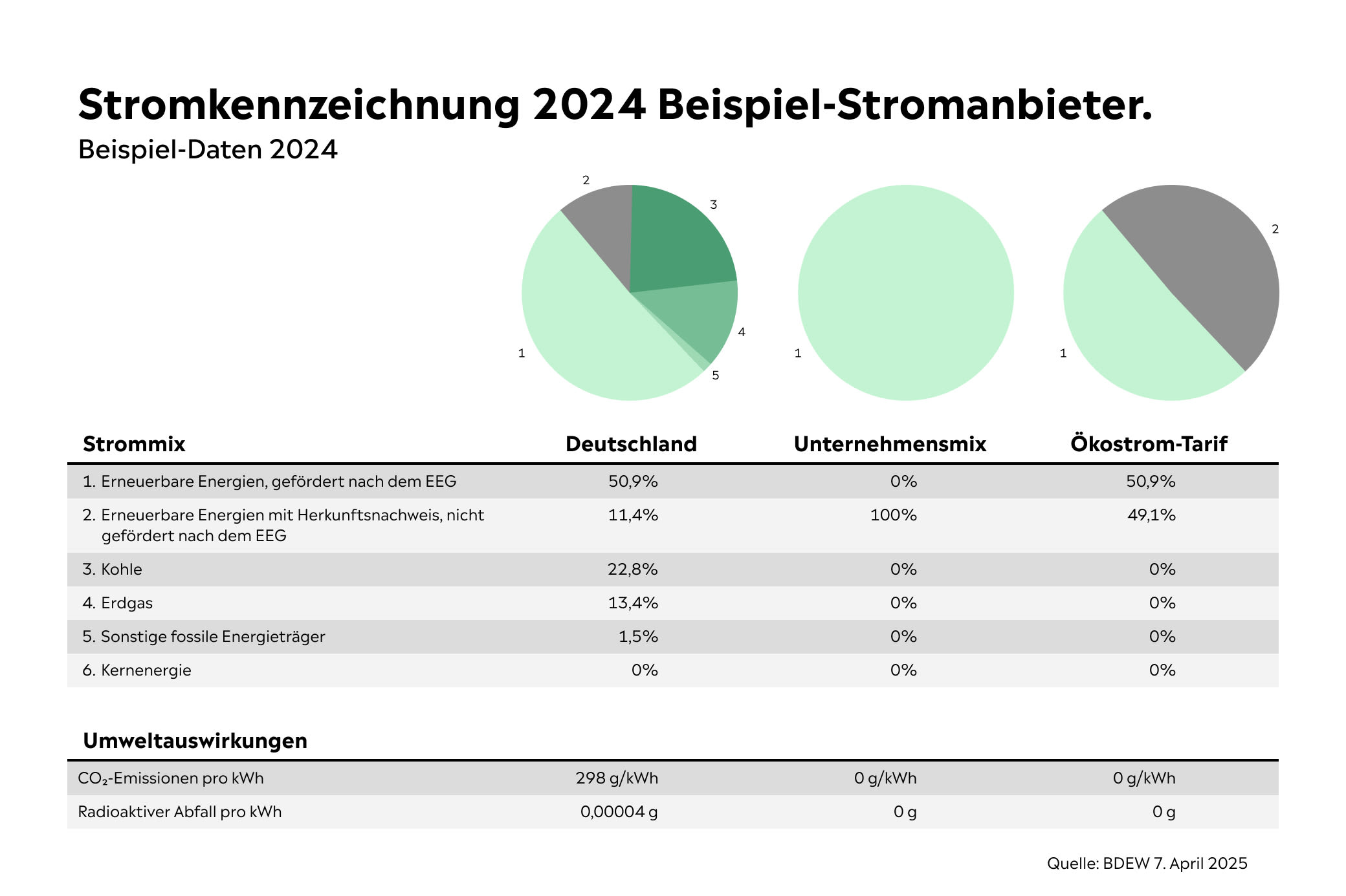 So kann der Strommix bei deinem Anbieter aussehen Grafik Beispiel einer Stromkennzeichnung eines Stromanbieters in Deutschland 2024