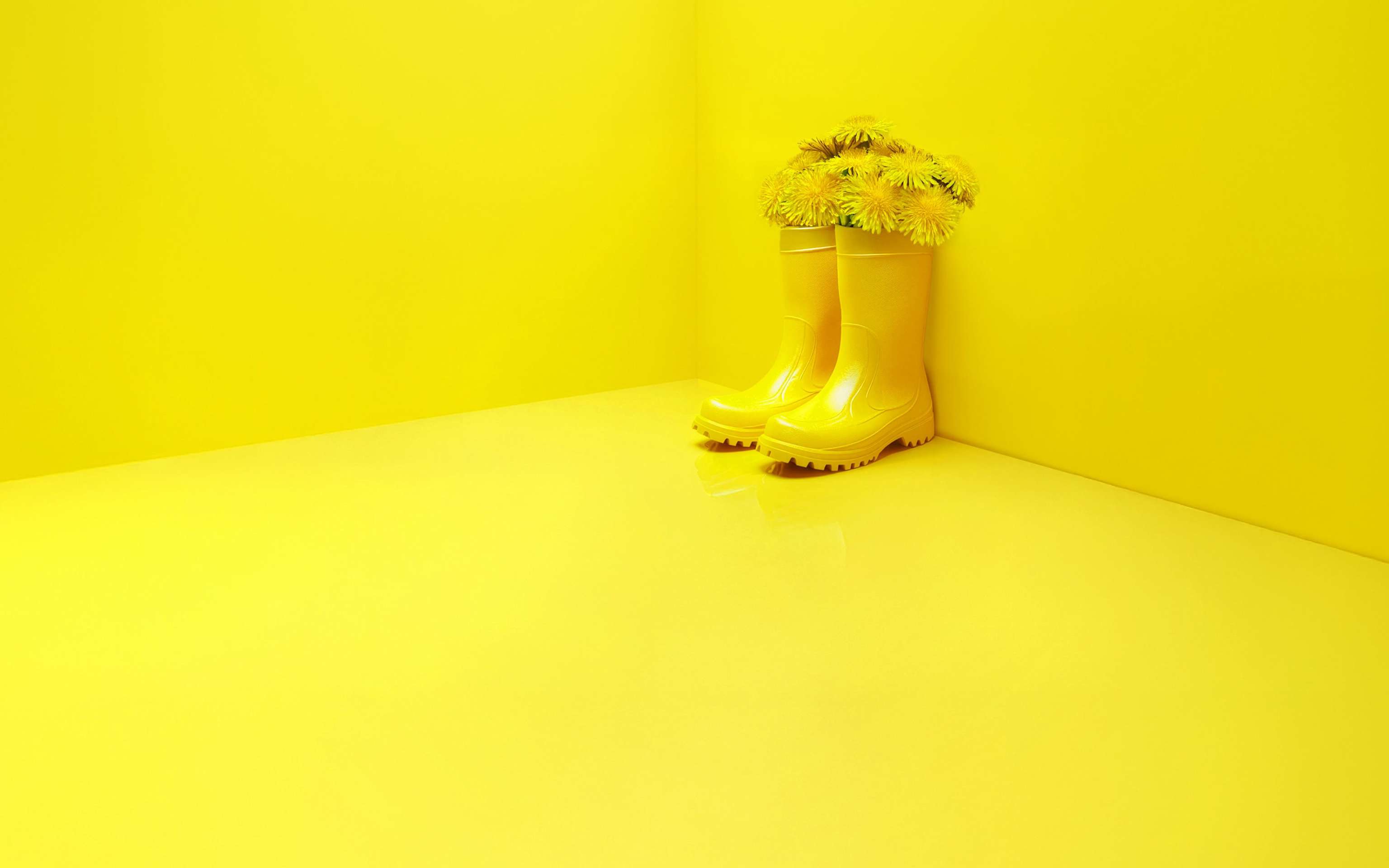 Gelber Raum mit Gummistiefel in denen Blumen stecken - KI Generiert Gelber Raum mit Gummistiefel in denen Blumen stecken - KI Generiert