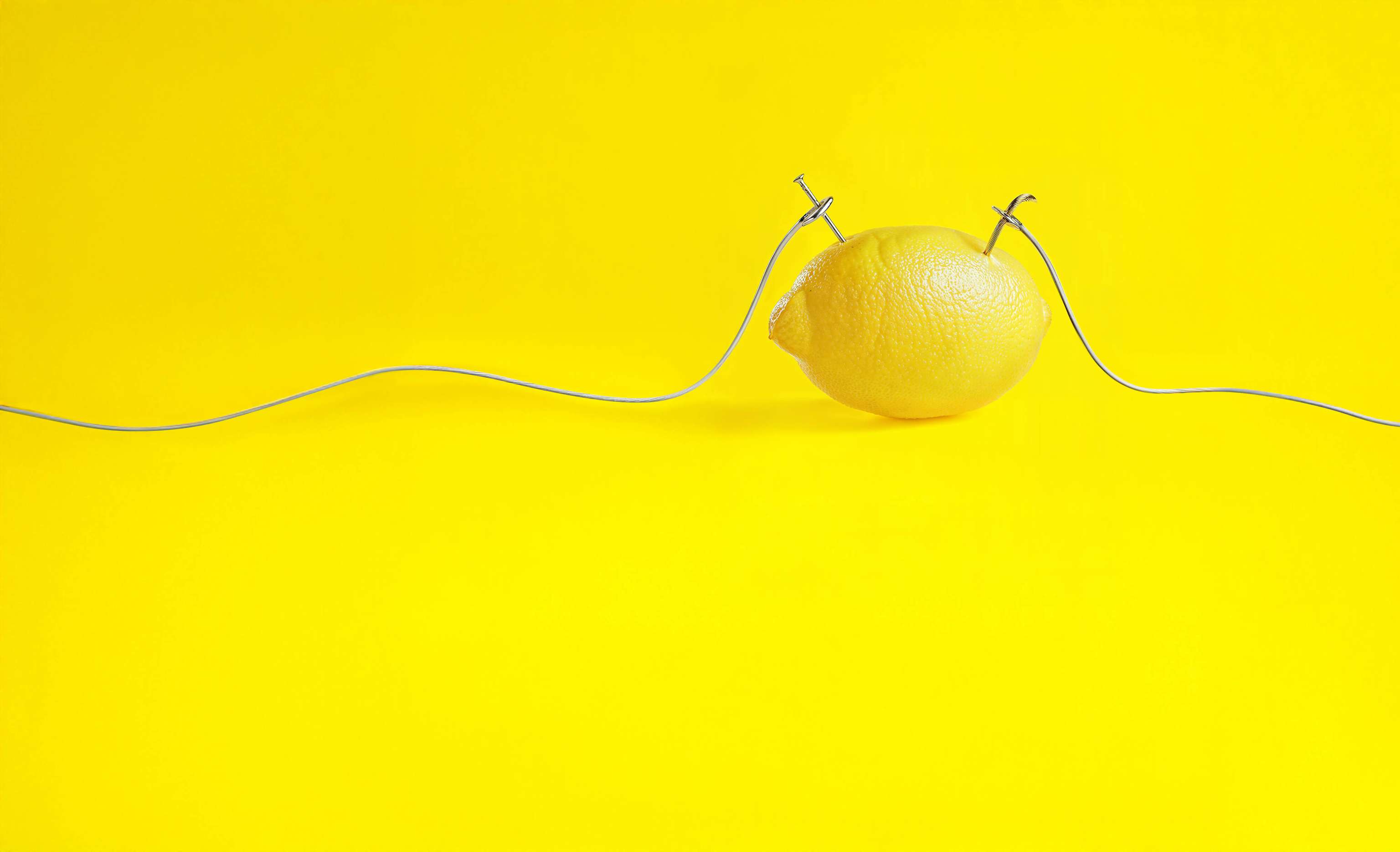 Gelbe Zitrone mit zwei silbernen Drähten, die seitlich in die Frucht gesteckt sind, vor gelbem Hintergrund. Gelbe Zitrone mit zwei silbernen Drähten, die seitlich in die Frucht gesteckt sind, vor gelbem Hintergrund