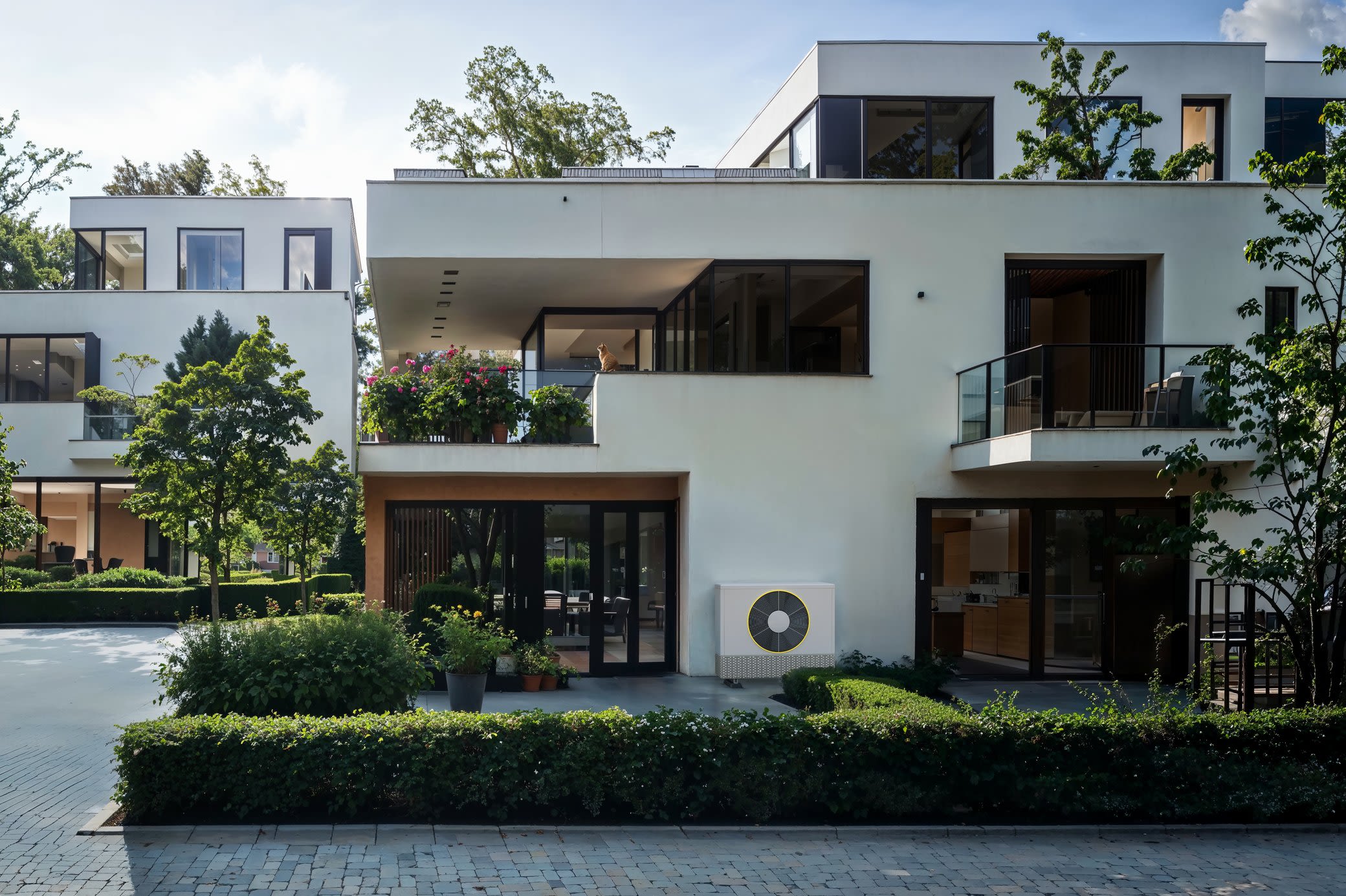 Pepp dein modernes Zuhause auf mit einer Wärmepumpe Eine Wärmepumpe vor einem modernen Haus in der Wohnsiedlung