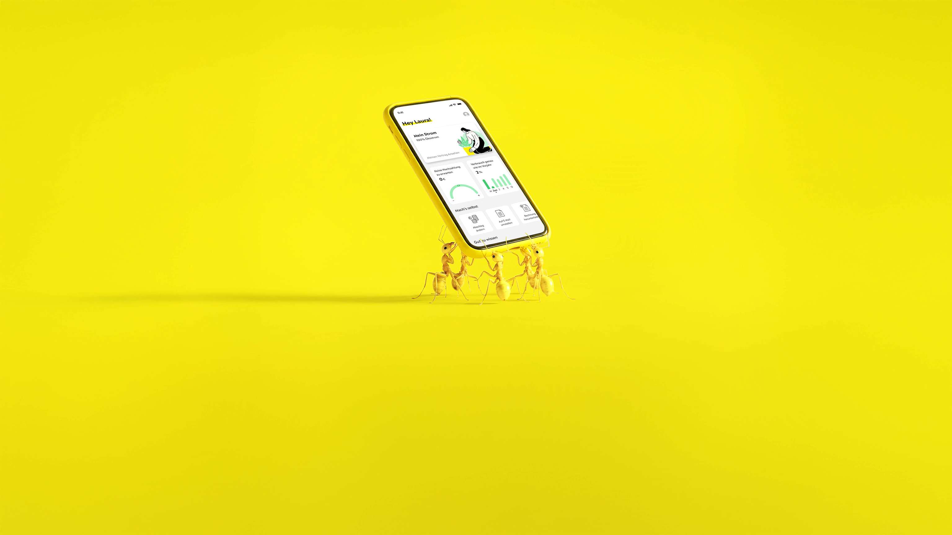 Kleine gelbe Ameisen tragen ein Handy, das die Yello App zeigt - KI generiert Kleine gelbe Ameisen tragen ein Handy, das die Yello App zeigt - KI generiert