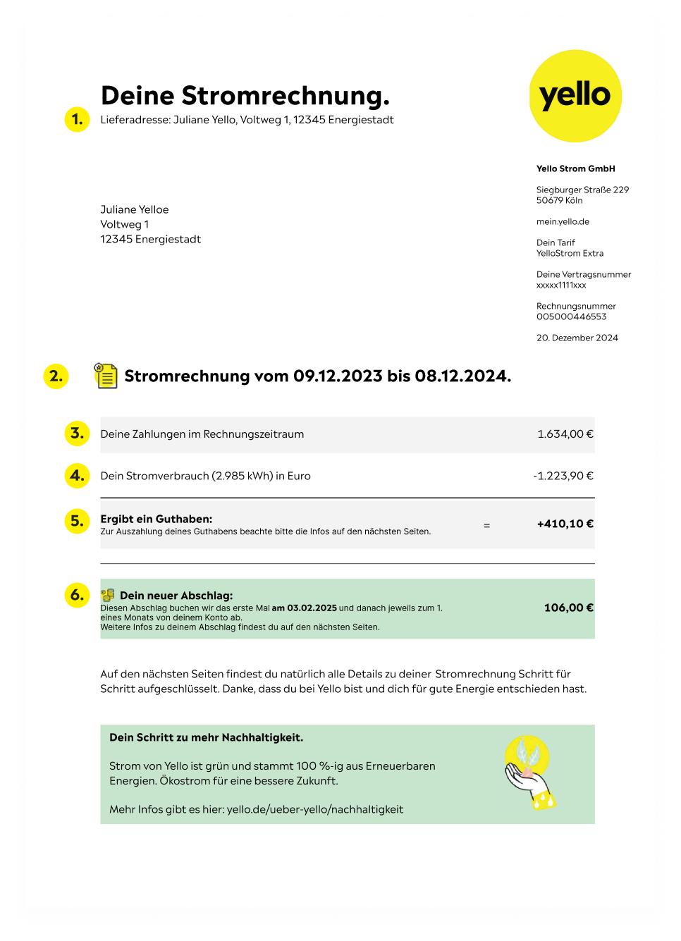 Erste Seite der Yello Rechnung