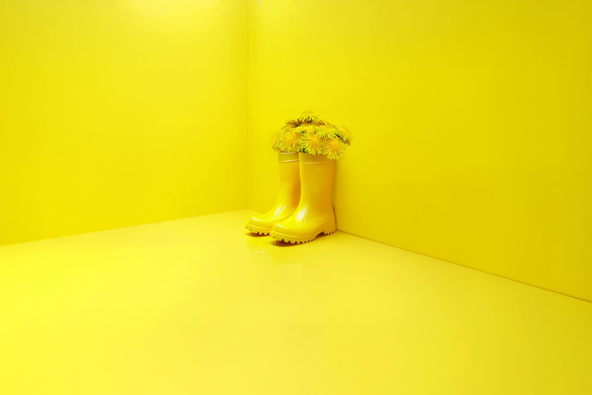 Grüner Strom für dein Gewerbe kommt von Yello Gelber Raum mit Gummistiefel in denen Blumen stecken - KI Generiert