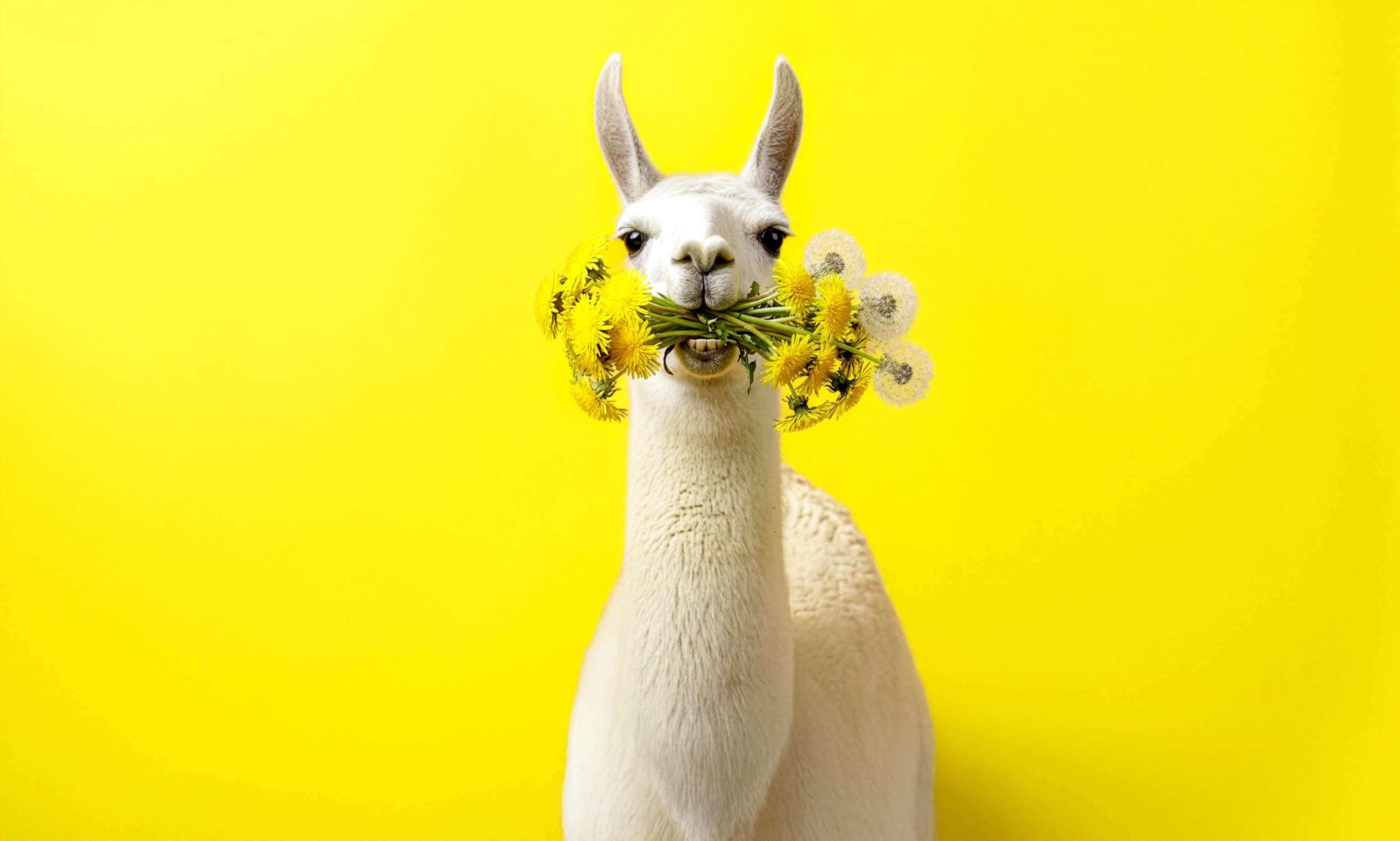 Ein Lama hält Löwenzahn Blumen im Maul vor gelbem Hintergrund - KI generiert Ein Lama hält Löwenzahn Blumen im Maul vor gelbem Hintergrund - KI generiert