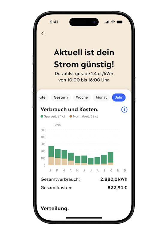Mit der Yello App verwalten Kund:innen ihren flexiblen Tarif einfach Handy Bildschirm zeigt die Yello App mit dynamischem Stromtarif und dessen Kosten