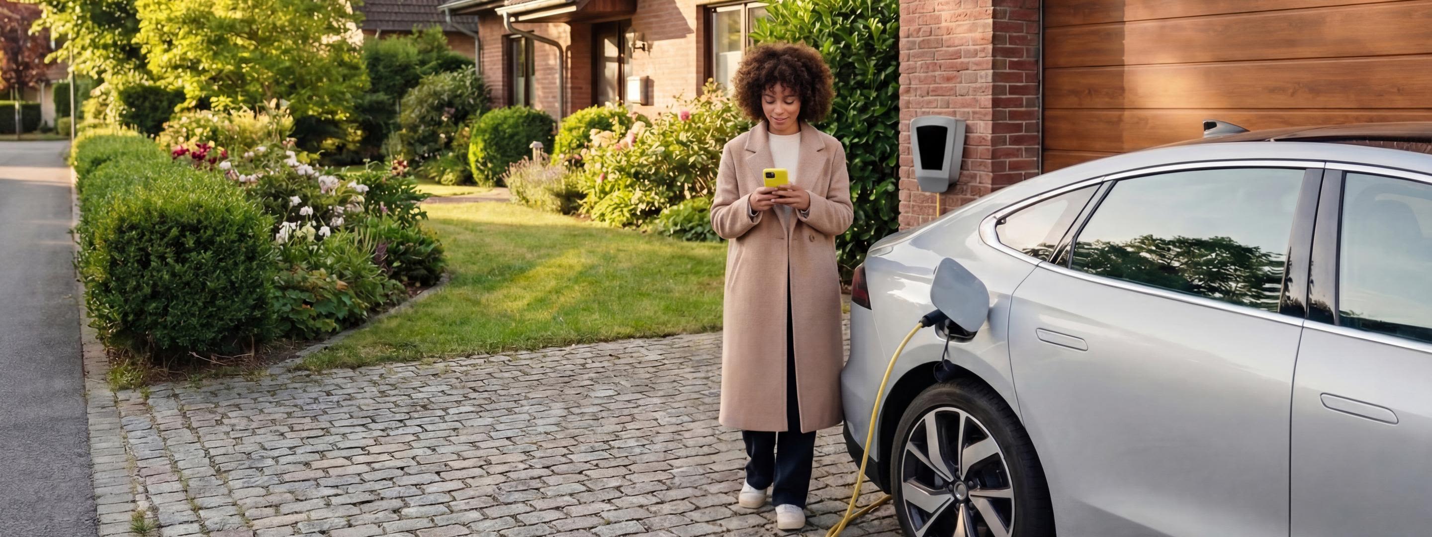 Lade smart und mit flexiblen Stromtarifen dein E-Auto Fröhliche Frau lädt ihr graues E-Auto Zuhause über die Wallbox und steuert Smart Charging intelligent per Handy in der Hand in der Einfahrt vor ihrem grünen Garten