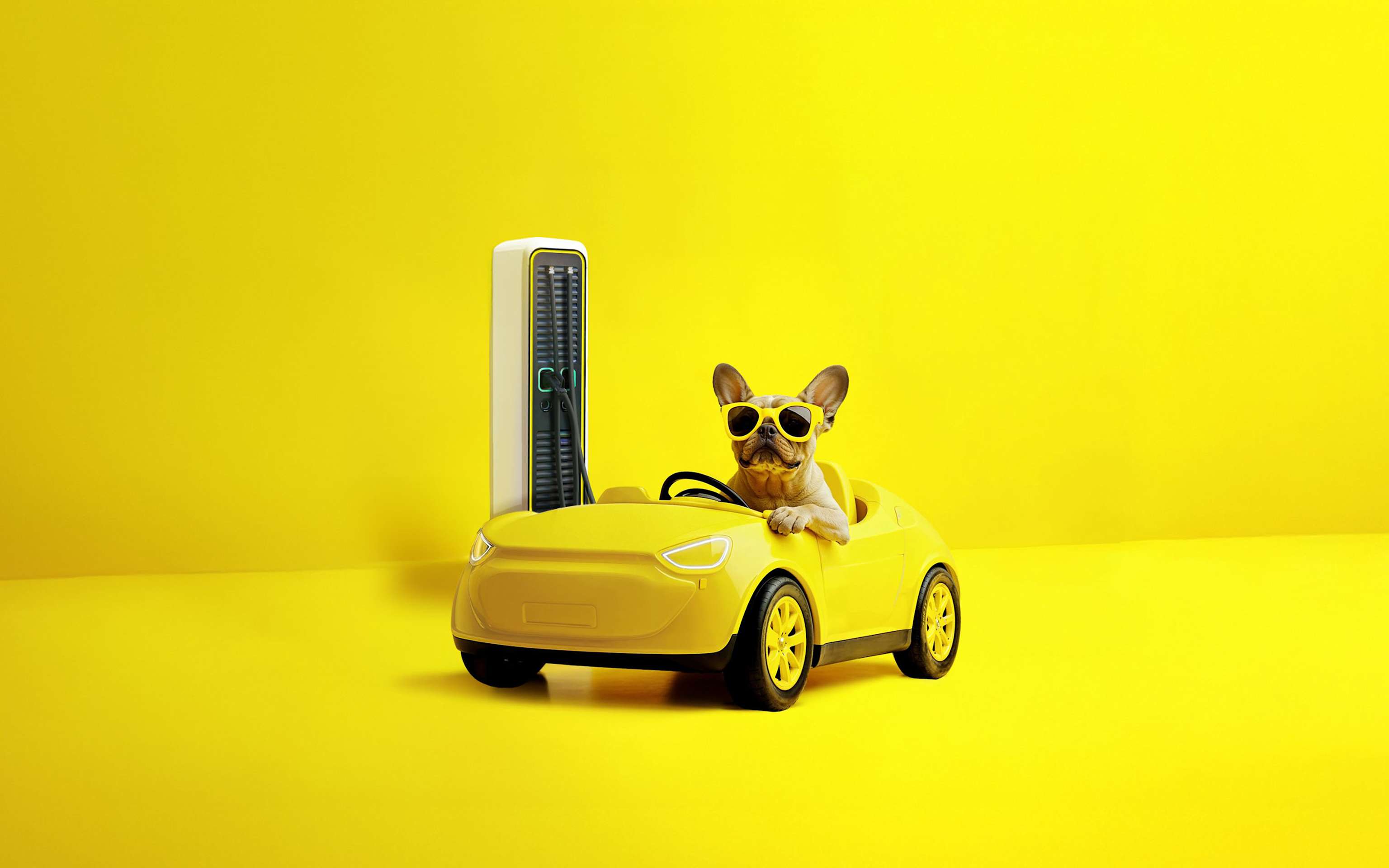 KI-generiertes Foto von einem French Bully Hund im Elektroauto vor gelbem Hintergrund KI-generiertes Foto von einem French Bully Hund im Elektroauto vor gelbem Hintergrund