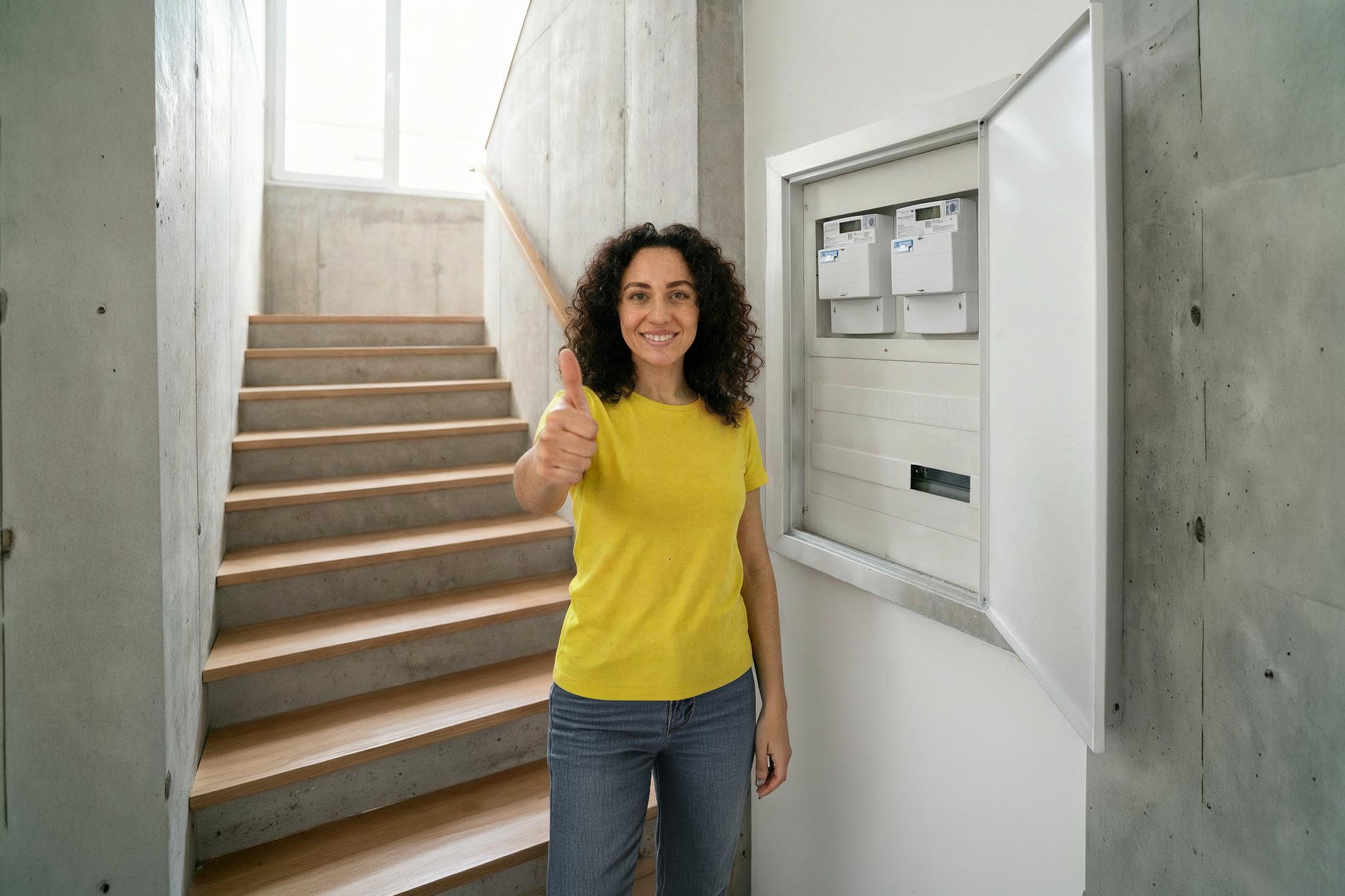 Mit einen Smart Meter nutzt du flexible Strompreise ganz einfach Eine lächelnde Frau in gelbem Shirt steht neben ihrem Zählerkasten mit Smart Meter und zeigt den Daumen hoch
