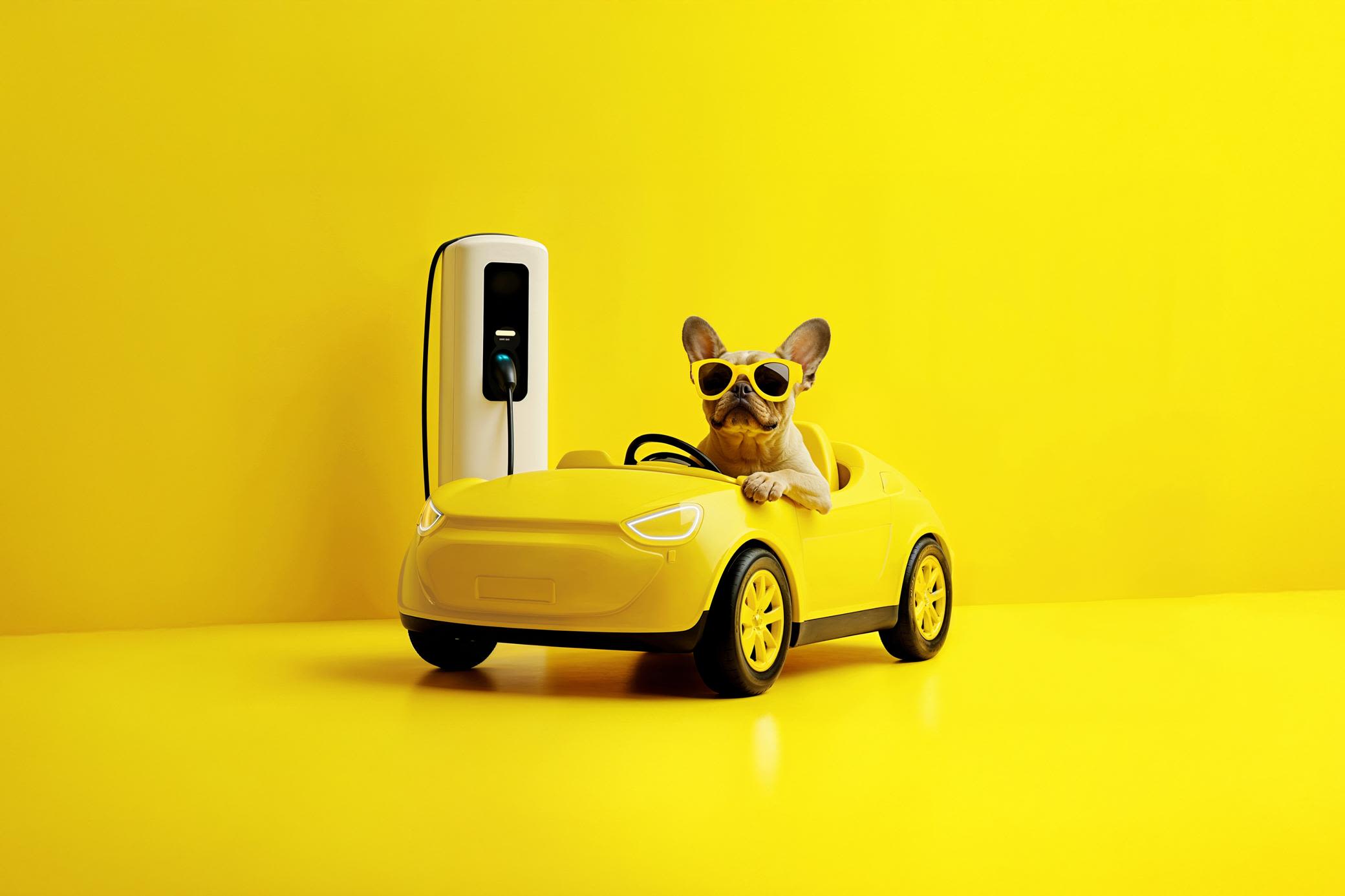 Mit Autostrom von Yello lädst du zuhause und unterwegs ganz entspannt KI-generiertes Foto von einem French Bully Hund im Elektroauto vor gelbem Hintergrund