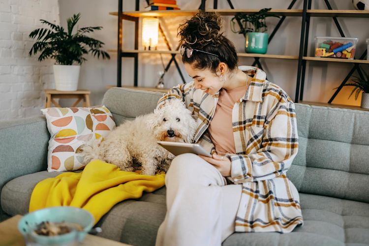 So hast du deine Gaspreisbremse einfach berechnet Frau kuschelt mit Hund auf dem Sofa
