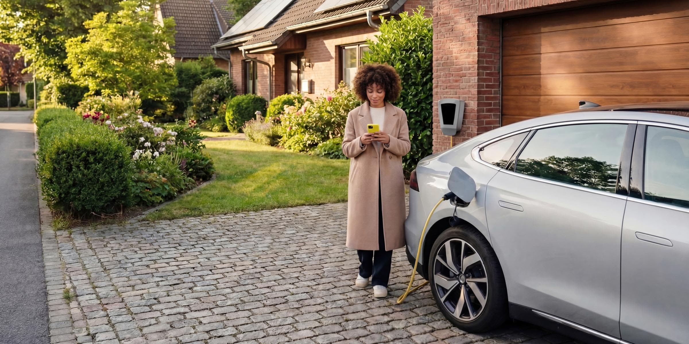Lade smart und mit flexiblen Stromtarifen dein E-Auto Fröhliche Frau lädt ihr graues E-Auto Zuhause über die Wallbox und steuert Smart Charging intelligent per Handy in der Hand in der Einfahrt vor ihrem grünen Garten